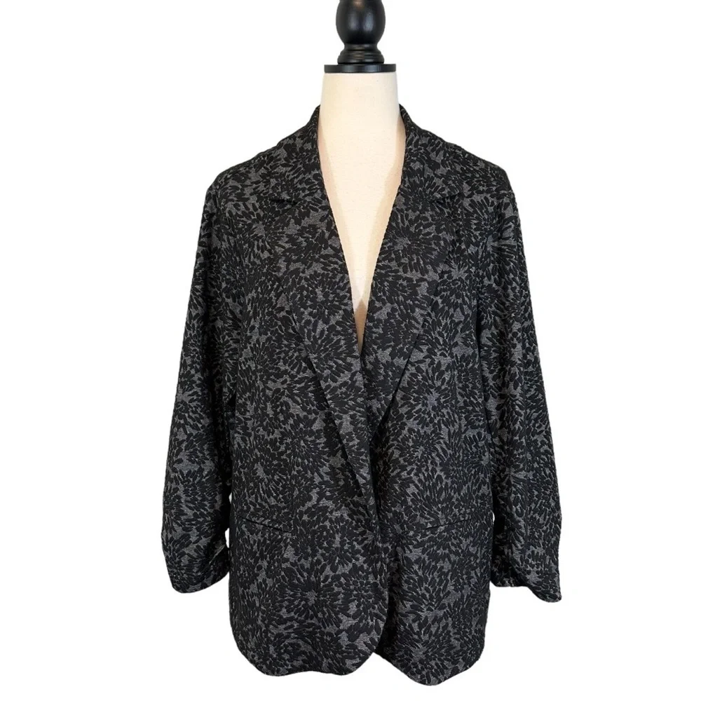 GNW Black Gray Jacket Open Front 3/4 Ruched Sleeve Size XL B34#56